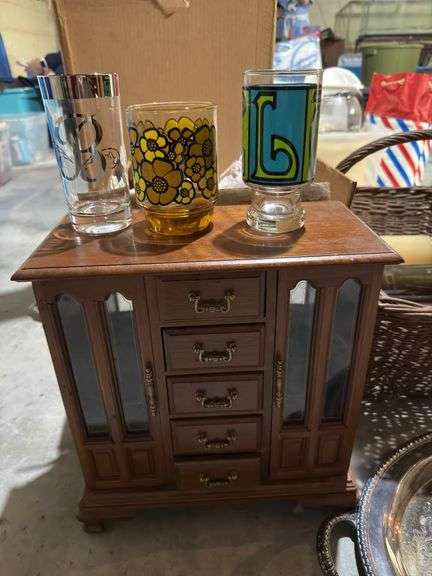 Basket, candles, jewelry case, box misc glassware, William Rogers Silverplate tray