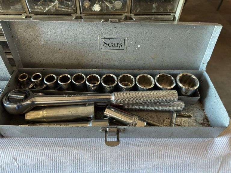 Hardware drawer organizer, 2 sears ratchet/socket sets, wood hand saw, level