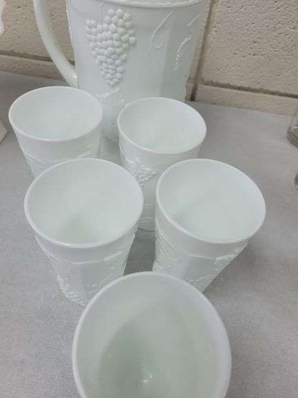 Indiana Colony Milk Glass Harvest Grape Pattern Pitcher and Tumblers