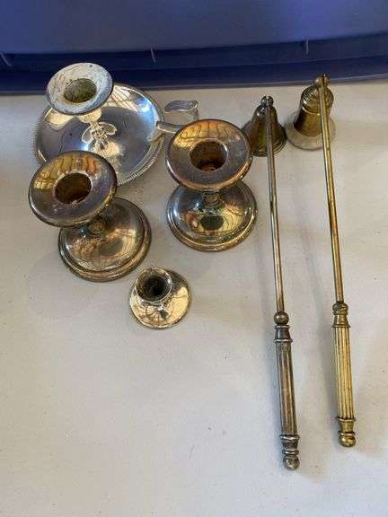 Silver plated candlesticks, sniffers, tobacco container, ashtray, utensils, miscellaneous