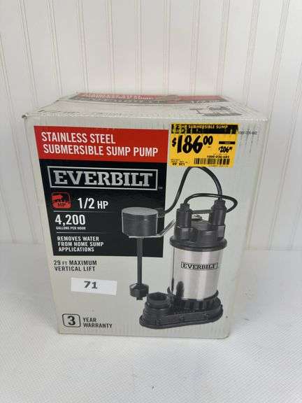Everbilt 1/2 HP stainless steel submersible sump pump - New