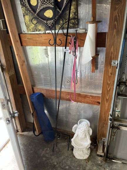 Shepard hooks, concrete angel, bag chair, artwork