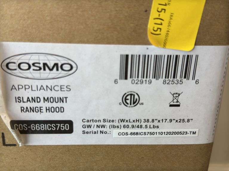 Cosmo stainless/glass Island Mount Range Hood - New