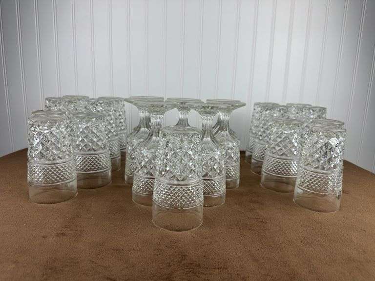Vintage Pressed Glass Tumbler Lot – 23 Matching Diamond Pattern Glasses