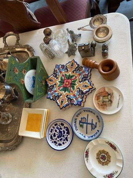 Salt and pepper shakers, tole painted pieces, miniature plates, ashtray