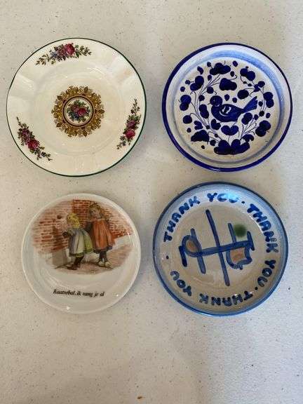 Salt and pepper shakers, tole painted pieces, miniature plates, ashtray