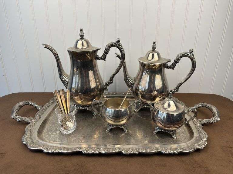 Oneida silver plated tea service set on 24.5” by 13.5” double handled tray