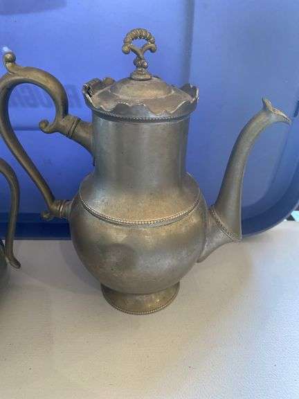 Hammered aluminum and pewter pieces, teapot, tobacco container, pitchers, vase