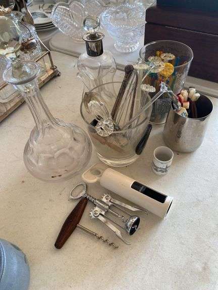 Bar wear, decanters, small ice bucket, picks, stirrers, corkscrews