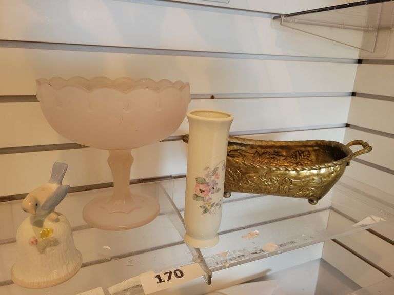 Vintage Indiana Glass Blush Pink Pedastal Compote, Porcelain Blue Bird Bell, Russ Vase, Brass Handled Server image