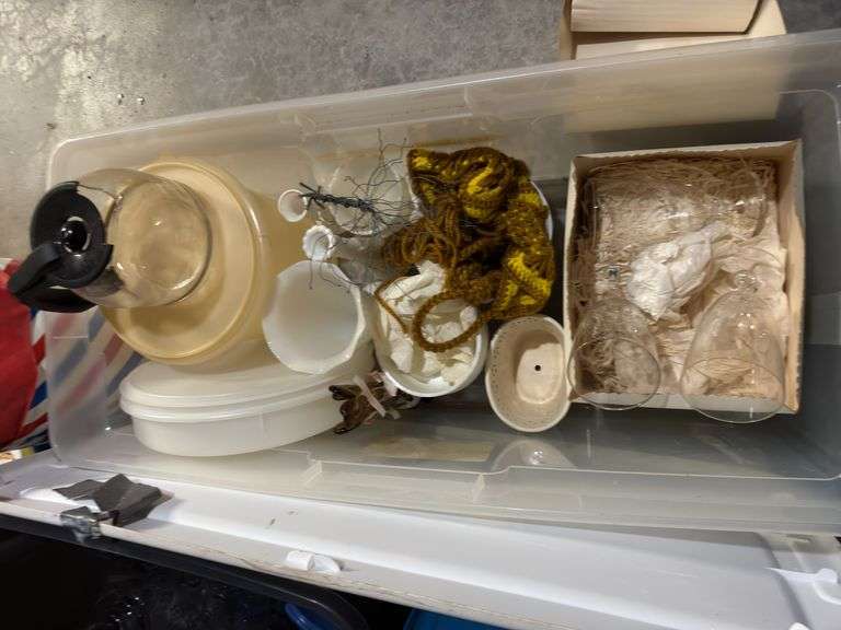 3 tubs of misc: cake stand, stone wave, light bulbs, vases, Tupperware, carafe, 6 crystal glasses, 9 Apolo glasses