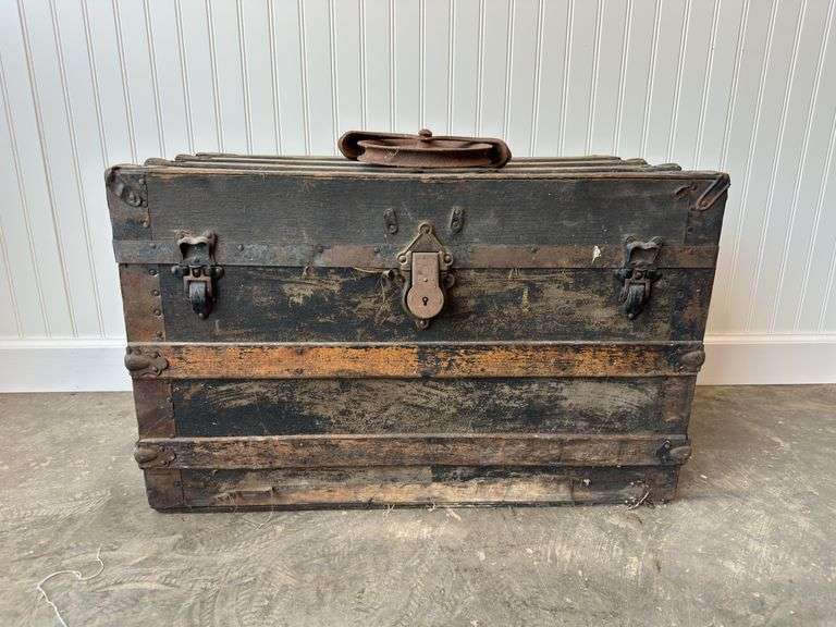 Antique Steamer Trunk & 7” Cast Iron Pulley