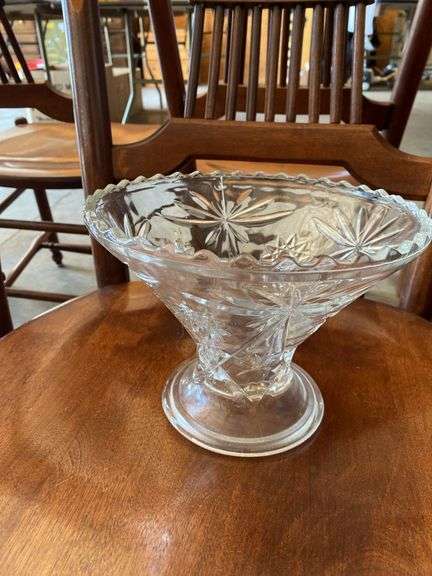 Clear pressed glass pedestal fruit bowl, cups, trophy bowl