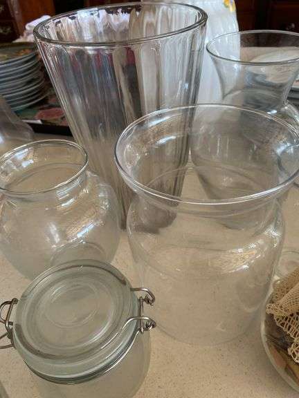 Vases, clear apple jar, miscellaneous