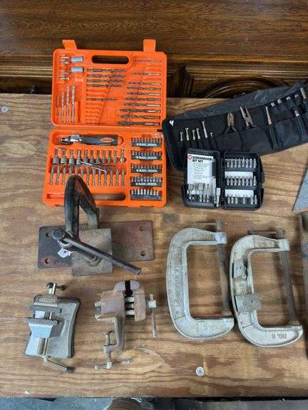 Misc clamps, bit sets, hand tools, labeler, creeper, craftsman tool bag