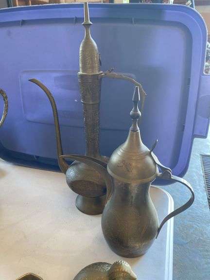 Brass items, etched teapots, quail, napkin rings, trivet, scissors, bell