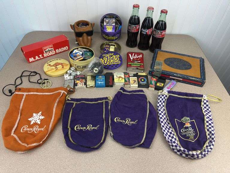 Misc Camel and Smokin’ Joe’s lighters, tins, crown bags, cigar box, coca-cola collector bottles Nascar themed