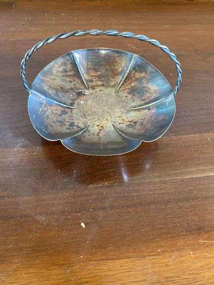Silver plated dishes, basket weave with glass liner, charger, round reticulated and 3 footed basket