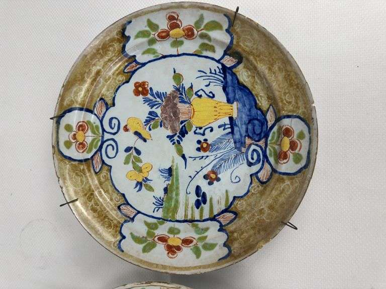Pair antique hand painted decorative wall plates (one previously repaired)