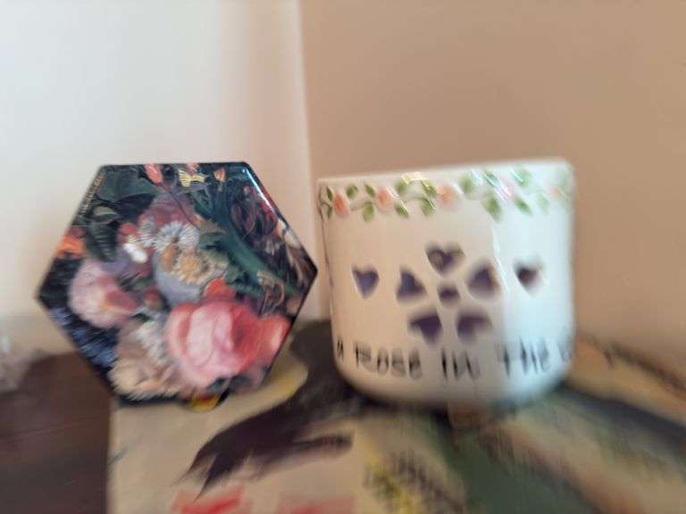 3 wood boxes, horse pamphlets, candle holder