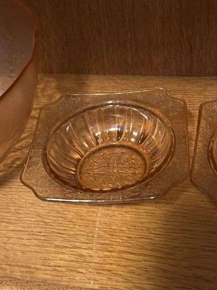 3 glass candleholders, pattern glass dishes, pink Depression glass bowls, covered glass box