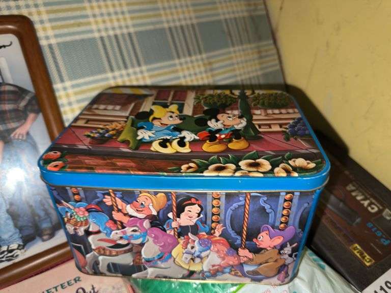 Disney tin box, Pocahontas pillow case, vintage cut out dolls, Home Improvement cast signed picture, easter grass