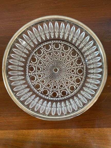 Cake plate, pressed glass bowl with silver plated rim