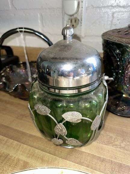 Fenton Carnival Glass Basket and Pedastal Jar w/ Lid, Vintage Green Glass Biscuit Jar in Attached Chrome Leaves
