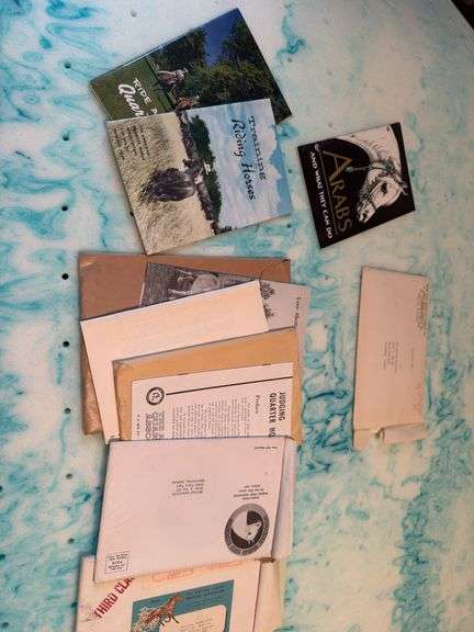 3 wood boxes, horse pamphlets, candle holder