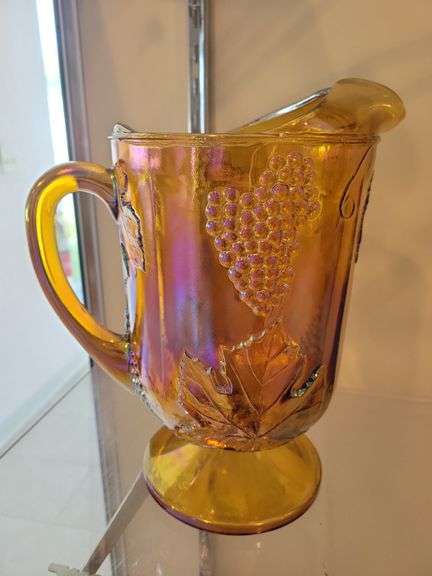 Vintage Indiana Carnival Glass Harvest Pedestal Pitcher image