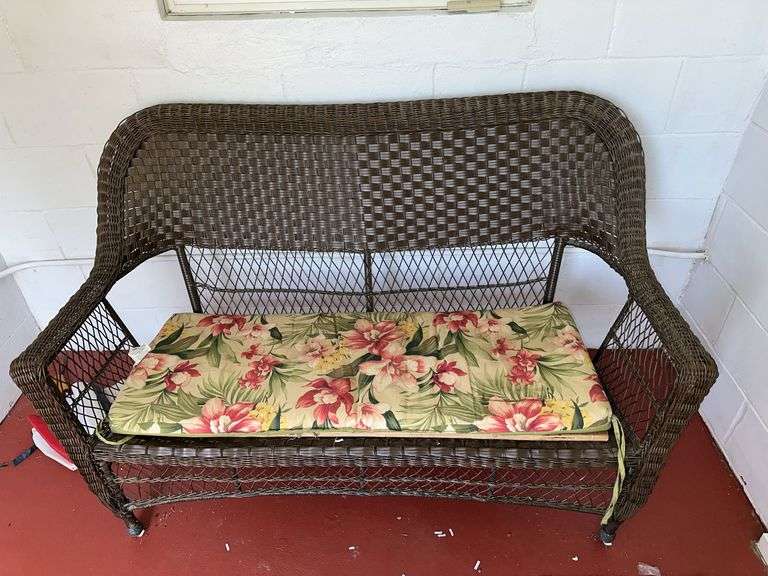 Wicker bench 57” long x 27” wide, plastic chair