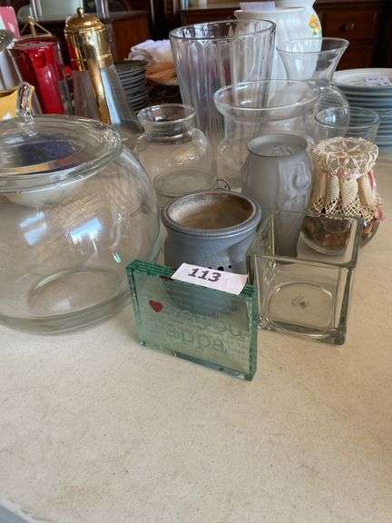 Vases, clear apple jar, miscellaneous