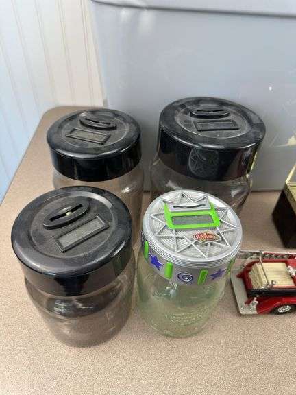 Coin counters, banks, calculator, 2 storage totes with lids