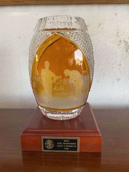Amber cut to clear golf vase on wood stand