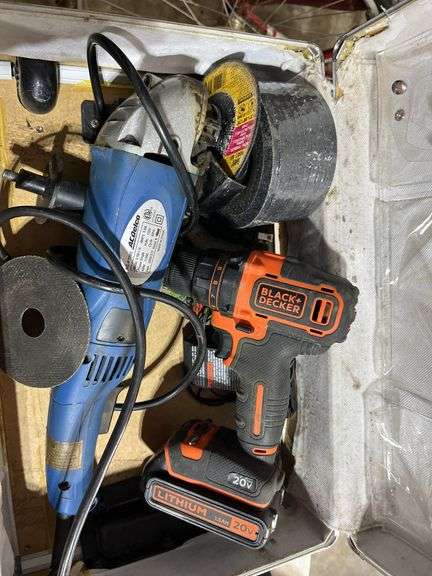 AC/Delco grinder, grinder wheels, B & D 20v drill w/ aluminum case