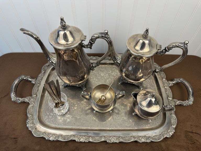 Oneida silver plated tea service set on 24.5” by 13.5” double handled tray