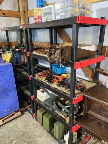 2 plastic storage shelves (excludes contents )
