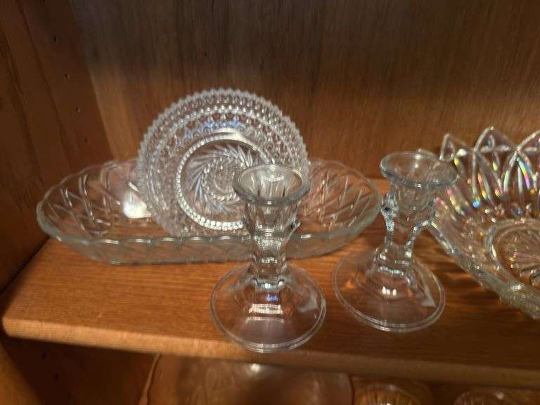 3 glass candleholders, pattern glass dishes, pink Depression glass bowls, covered glass box