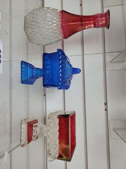 Vintage Indiana Glass Diamond Ruby Decanter, Blue Glass Square Lidded Pedestal box, Westmoreland Ruby Red Pedastal Dish image