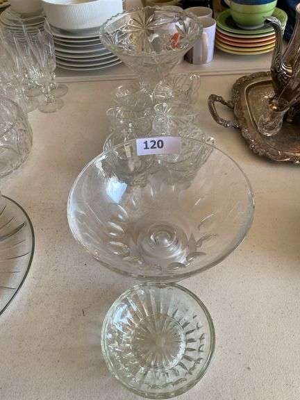 Clear pressed glass pedestal fruit bowl, cups, trophy bowl