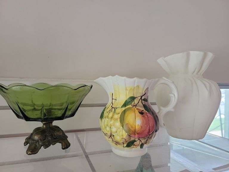 Vintage Fostoria Avocado Compote, Painted Fruit Pitcher, Ceramic Vase image