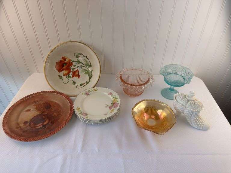 Misc china, pink blue milk and carnival glass