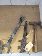 Antique Metal Farm Fence Tool, Hatchet, Wrenches, Paint Can Opener