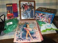 Disney tin box, Pocahontas pillow case, vintage cut out dolls, Home Improvement cast signed picture, easter grass