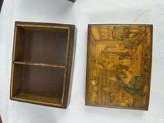 4 Carved wood boxes, laminated box
