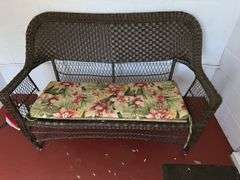 Wicker bench 57” long x 27” wide, plastic chair