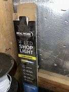 Vintage milk bottles, lot of springs, poly wire, 4’ LED shop light, Chevrolet sign