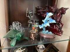 Marbles, figurines, wood turtle, copper vehicle, lighted Star Trek glitter globe
