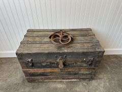 Antique Steamer Trunk & 7” Cast Iron Pulley