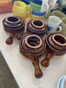 Mini handled bean pots, coffee cups, 6 ceramic hand painted Italy oversized cups and saucers (1 cup chipped ), yellow glass mug